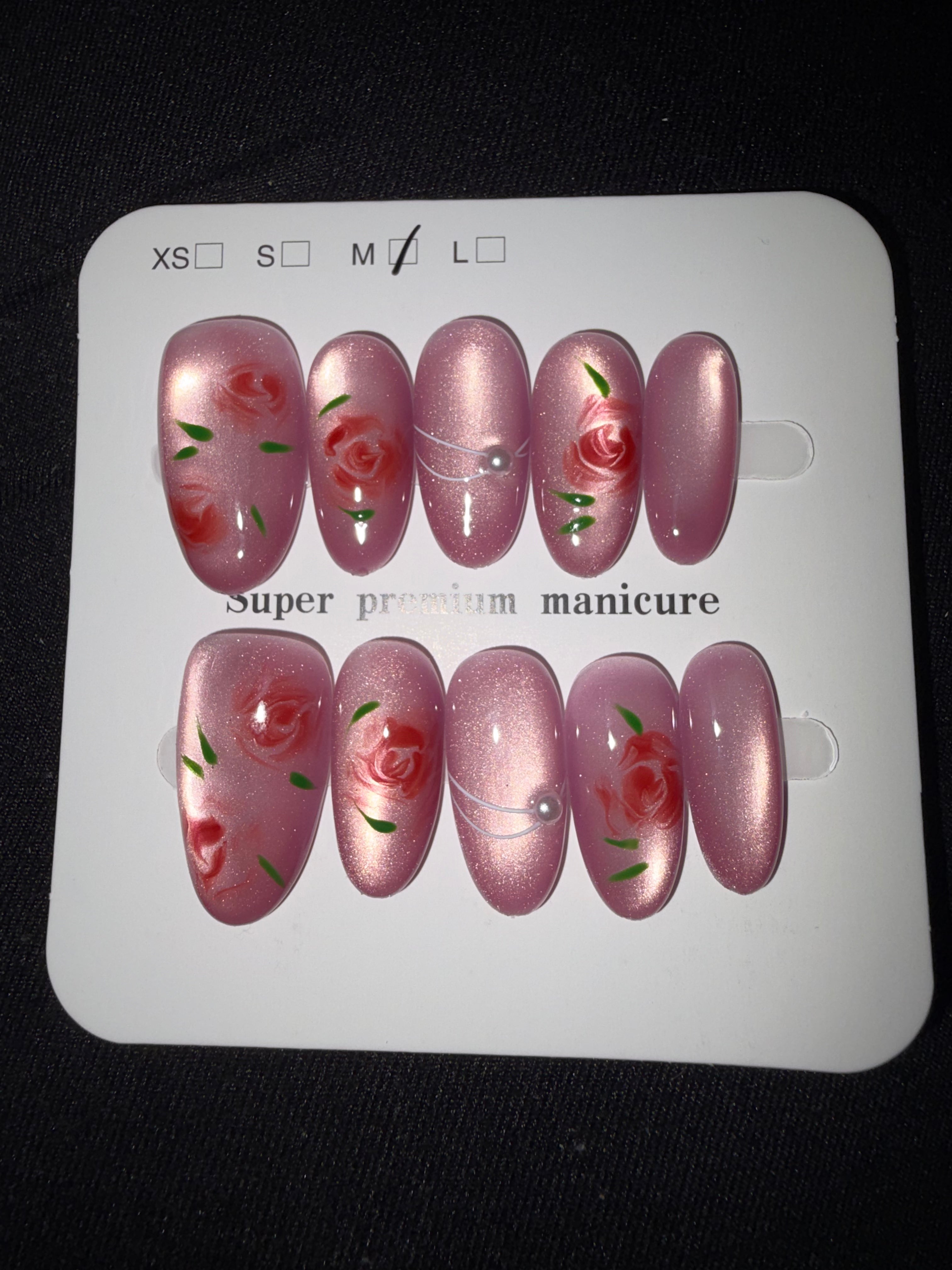 Pink cateye with roses press on nails