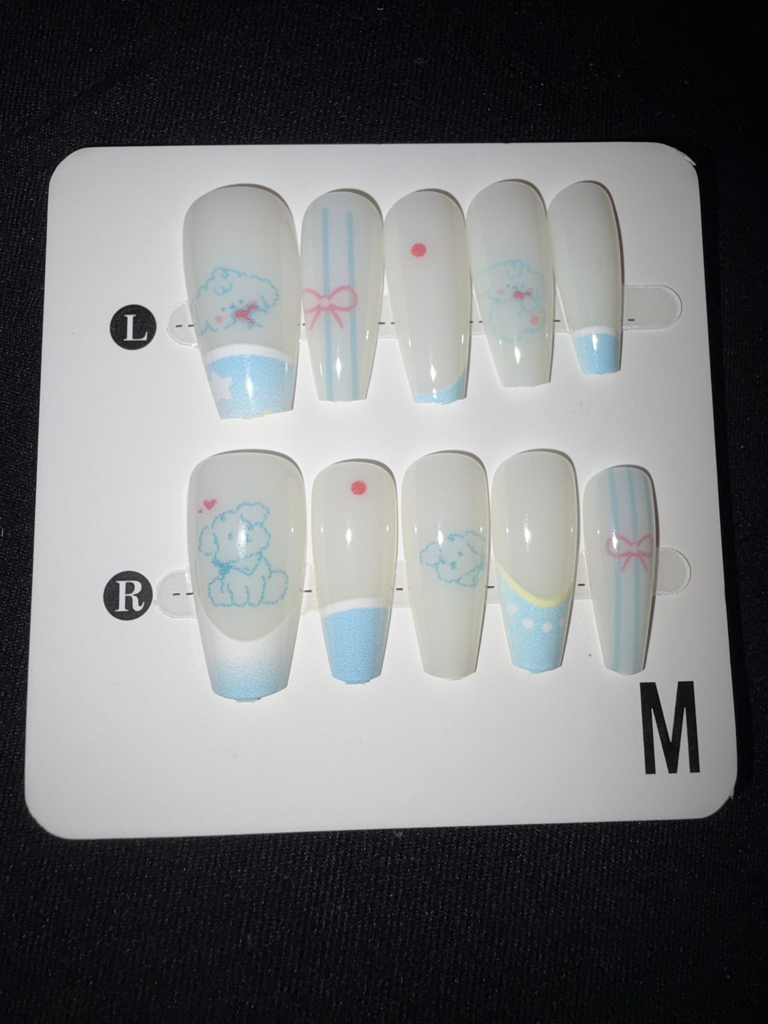 White and blue doggy press on nails