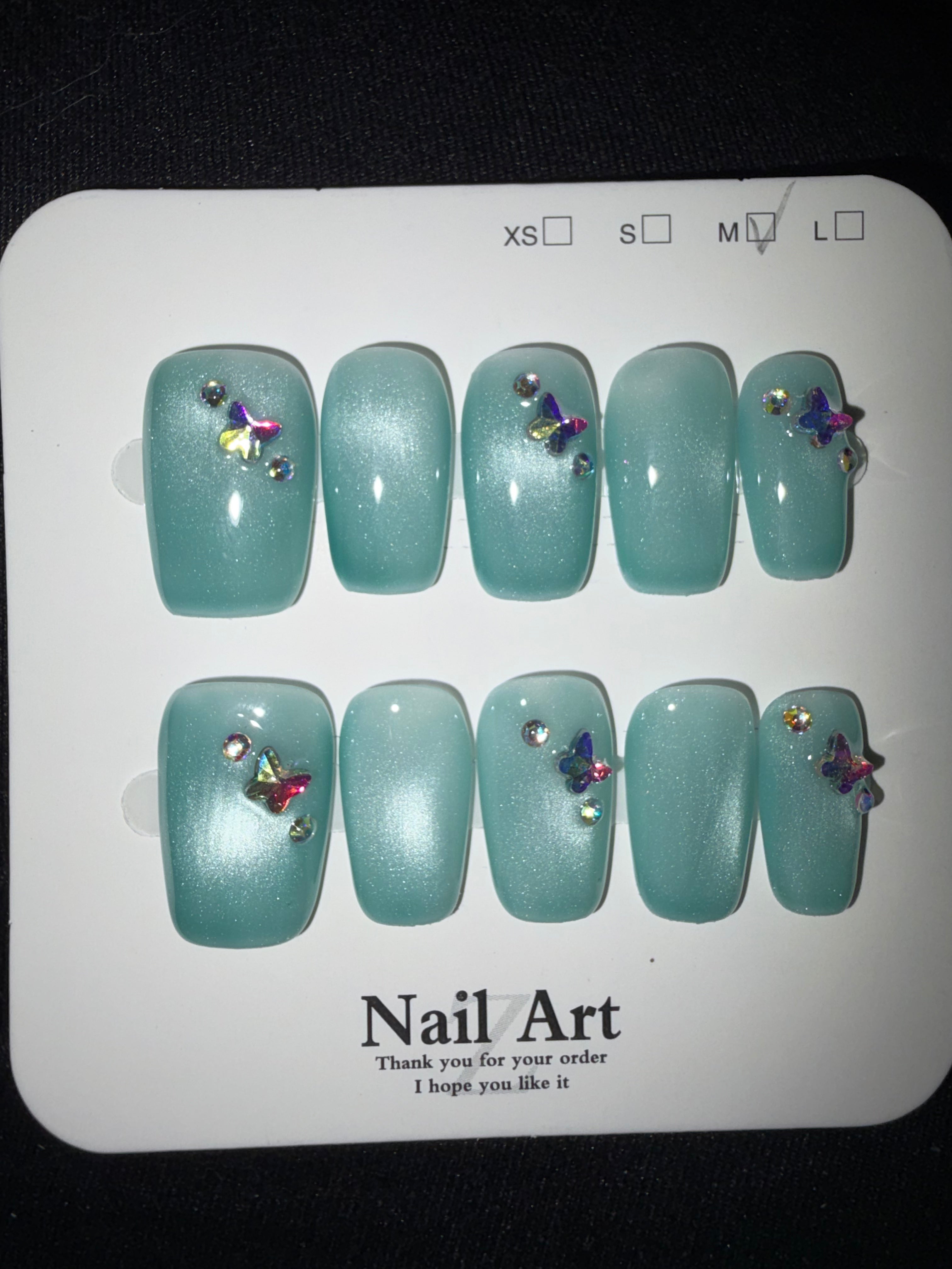 Blue cateye butterfly charm press on nails