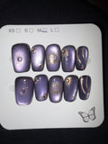 Purple cateye gold celestial press on nails