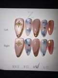 Pink and blue celestial gold press on nails