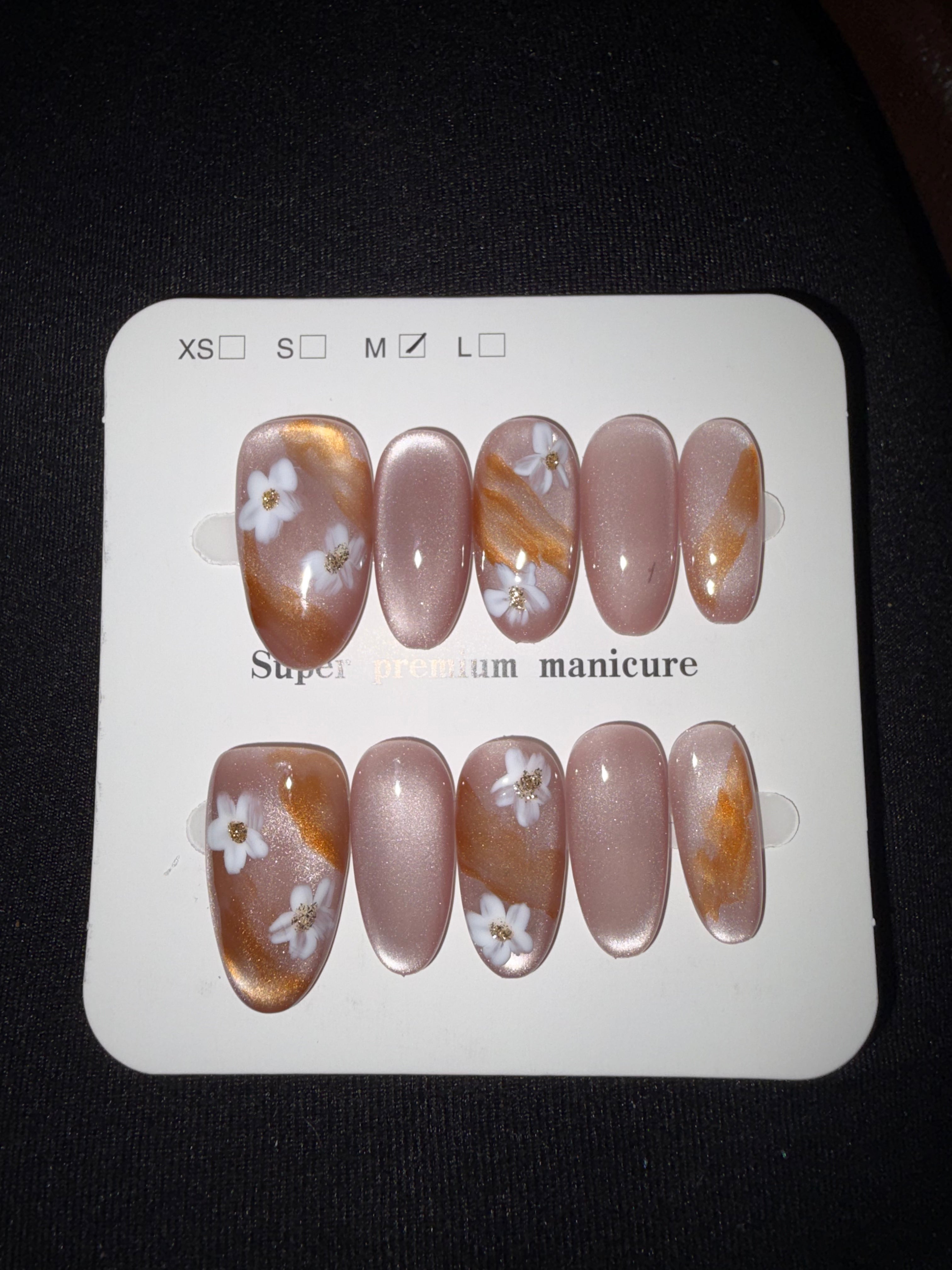 Nude Orange with white flowers press on nails