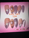 Purple cateye gold accent press on nails