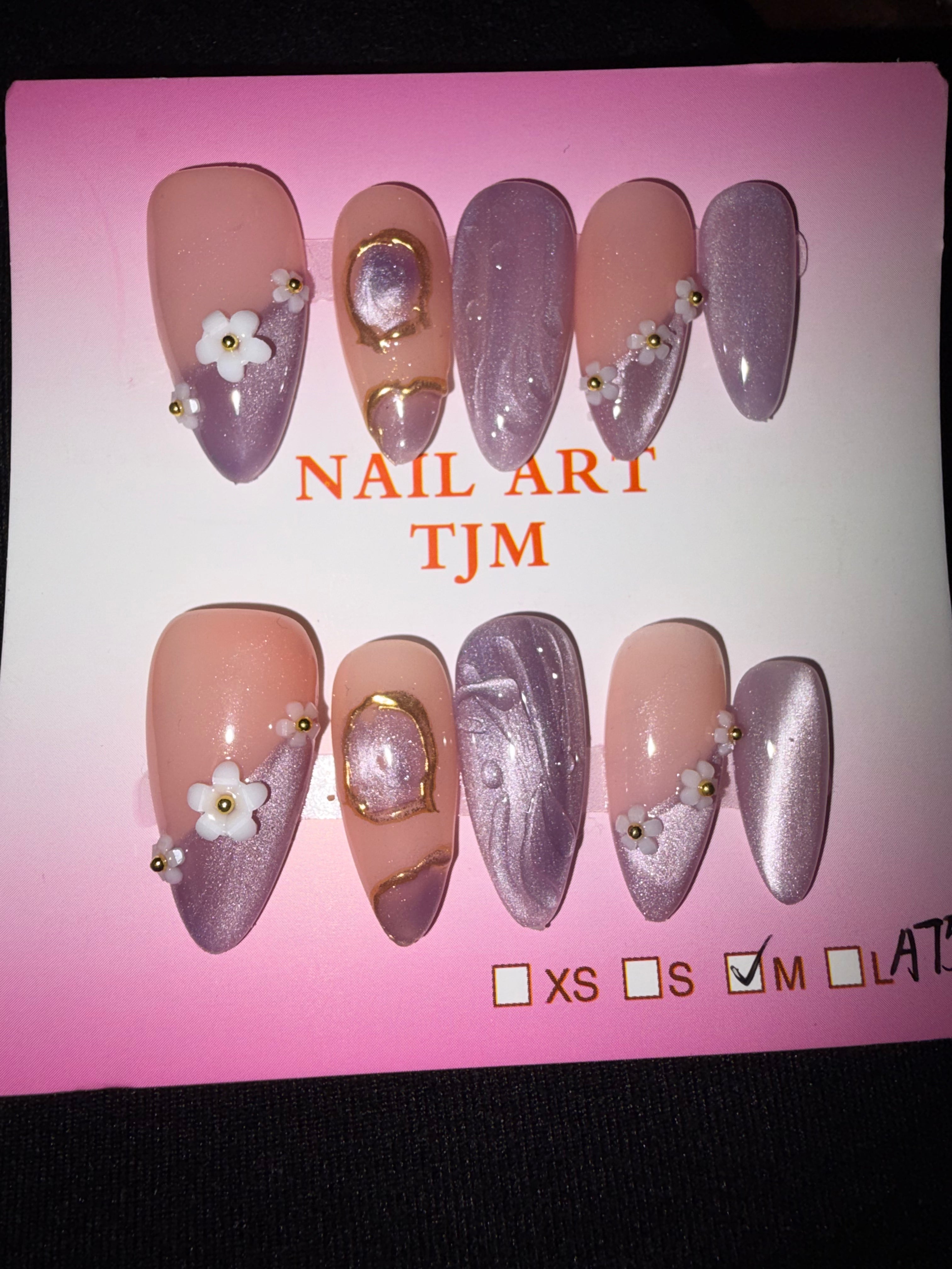 Purple cateye gold accent press on nails