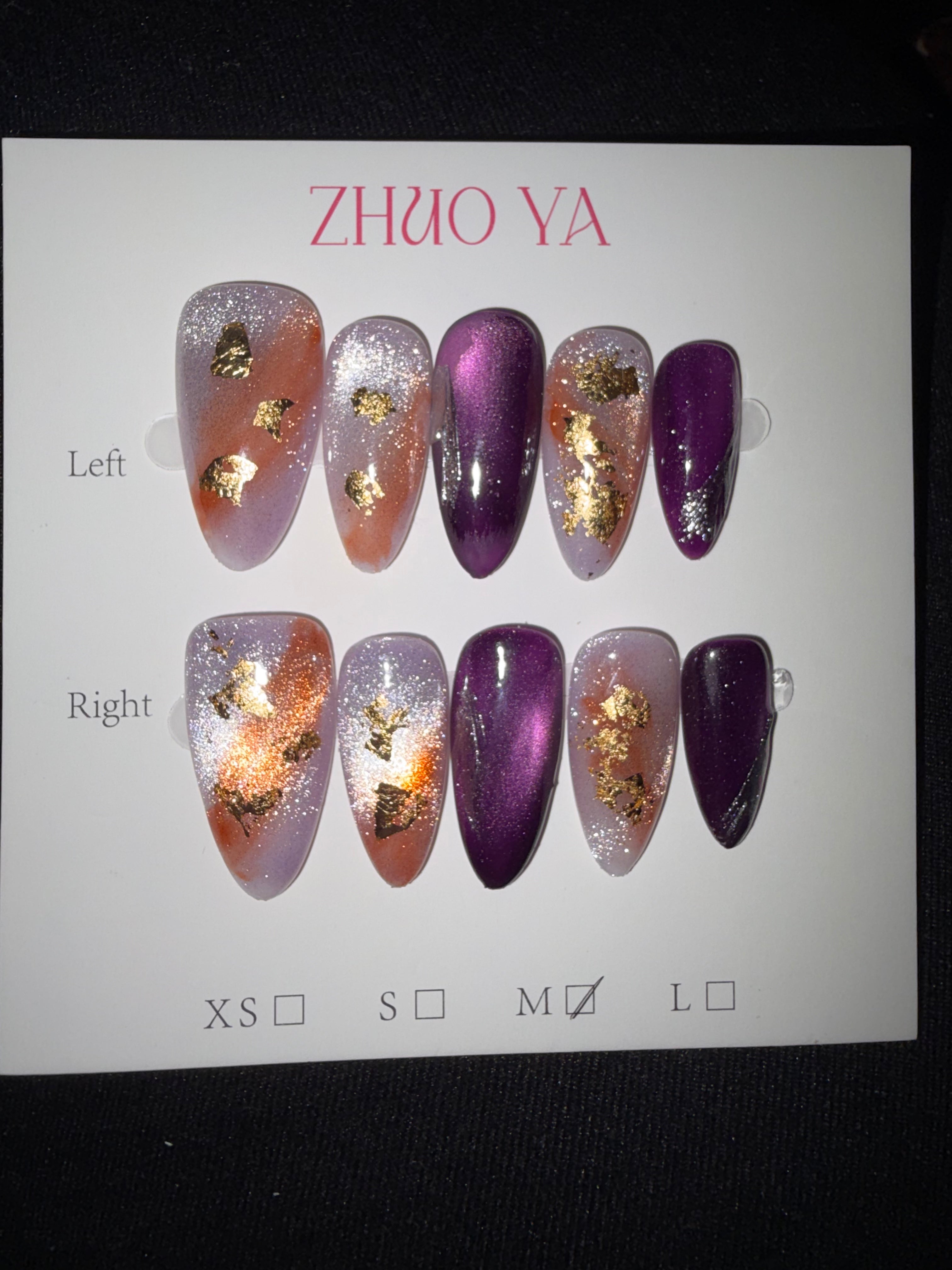 Purple, white and orange Zhuo Ya press on set