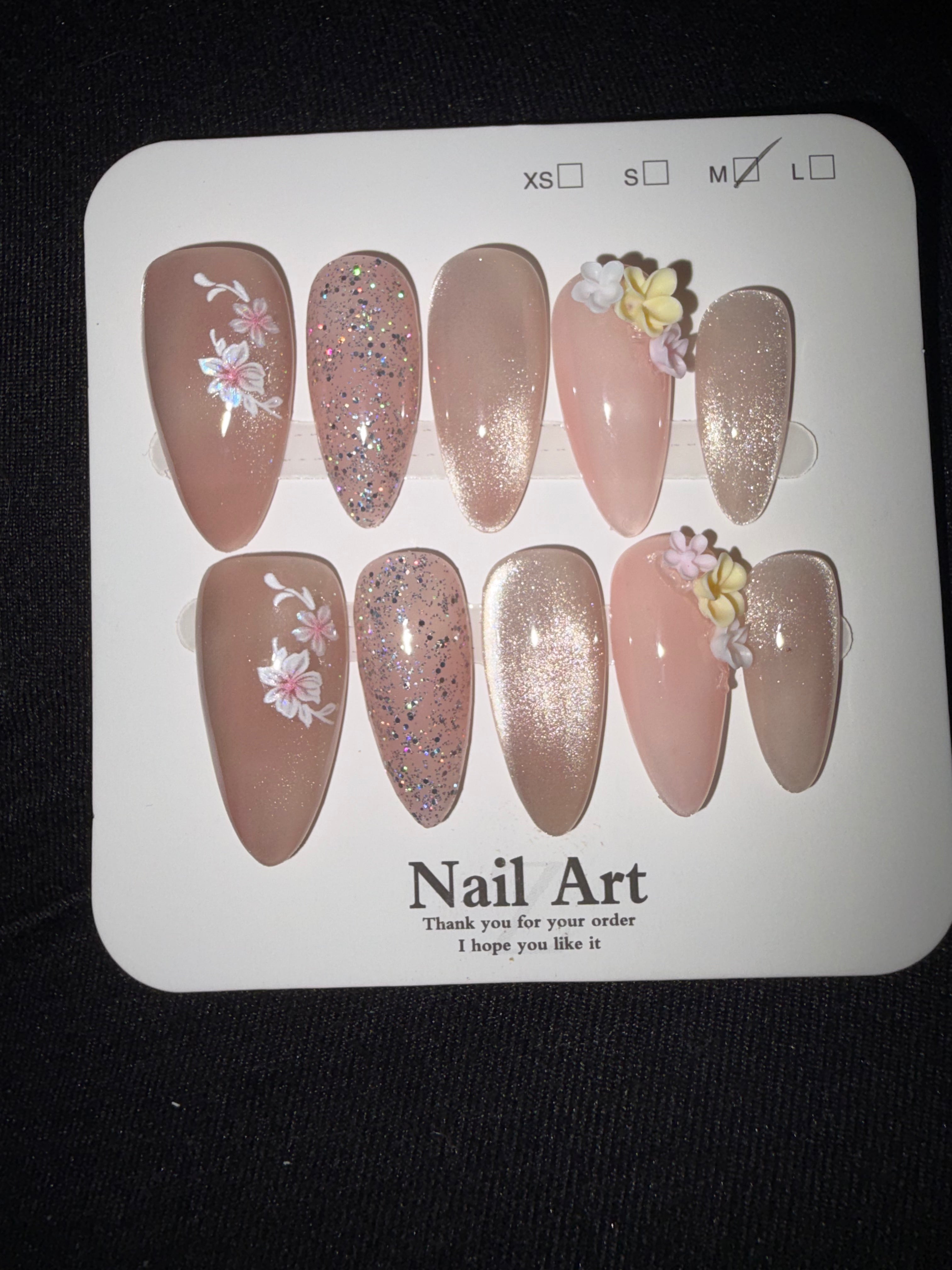 Nude pink cateye 3D flowers press on set