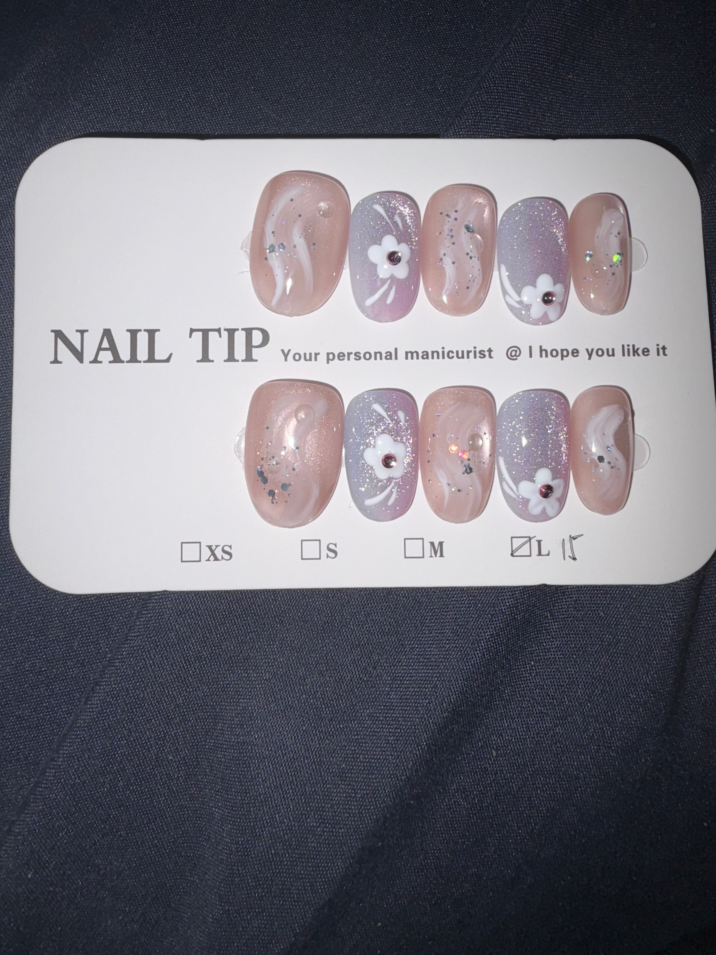 Nude and light purple floral press on nails